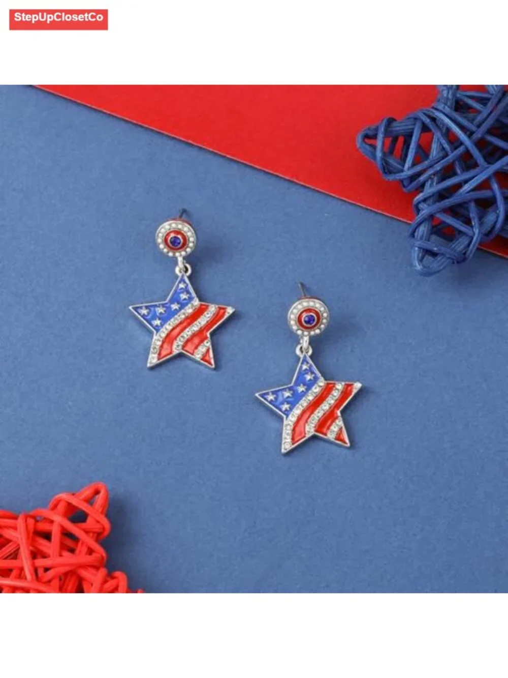 Patriotic Star Dangle Earrings with Sparkling Rhinestones for 4th of July